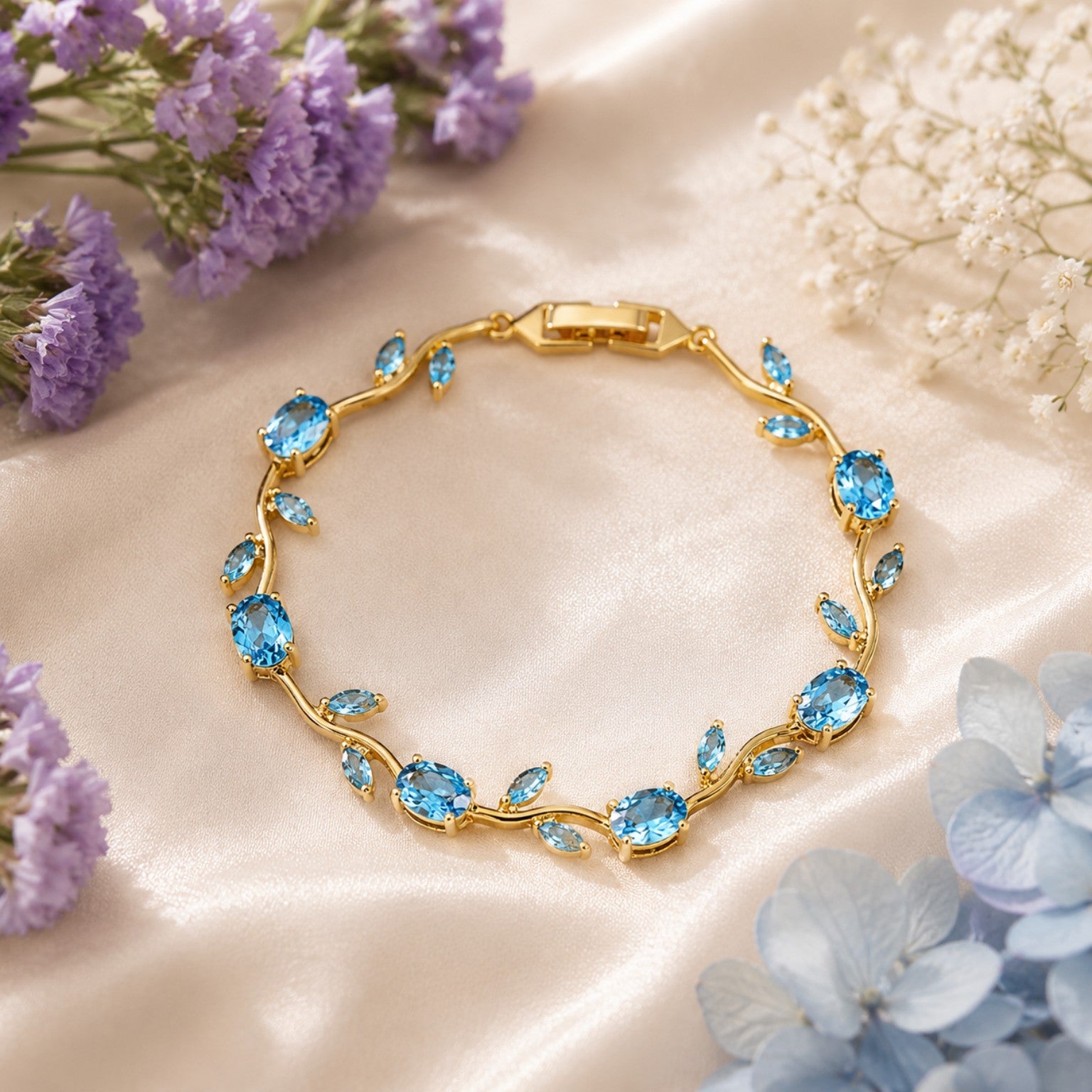 Gold Plated Sky Blue Stones Studded Anti Tarnish Tulip Bracelet