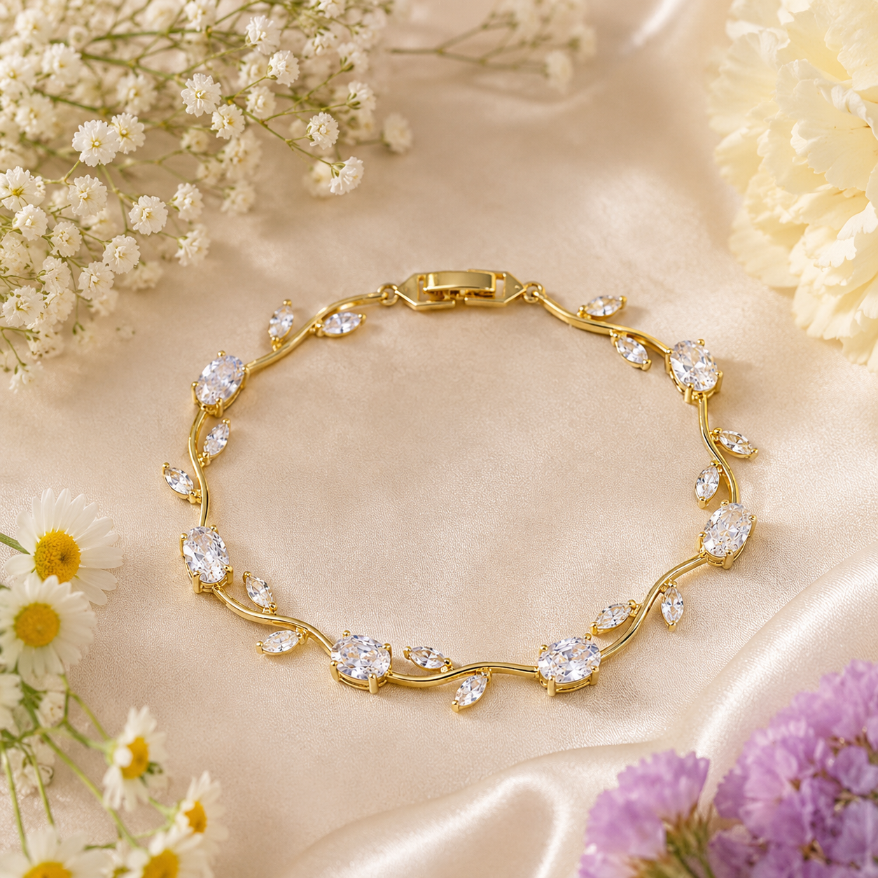 Gold Plated White Stones Studded Anti Tarnish Tulip Bracelet