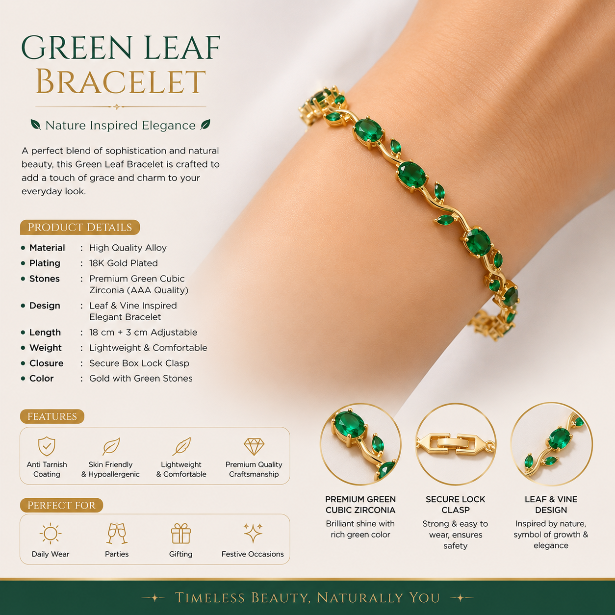 Gold Plated Green Stones Studded Anti Tarnish Tulip Bracelet