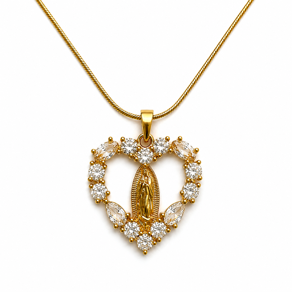Gold Plated Virgin Mary Heart Pendant Necklace for Women | Crystal Studded Religious Necklace | Elegant Spiritual Jewellery for Women & Girls | Gift for Her