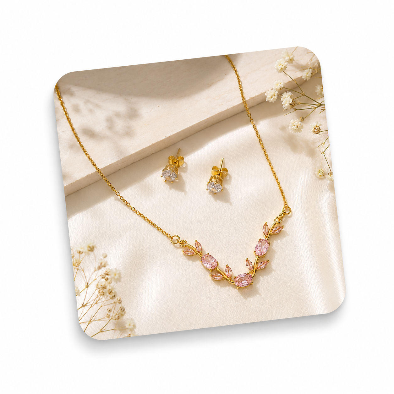 Gold Plated Pink Tulip Floral Vine Necklace & Earring Set for Women & Girls – Pastel Floral Jewellery Set, Elegant Daily Wear & Gift
