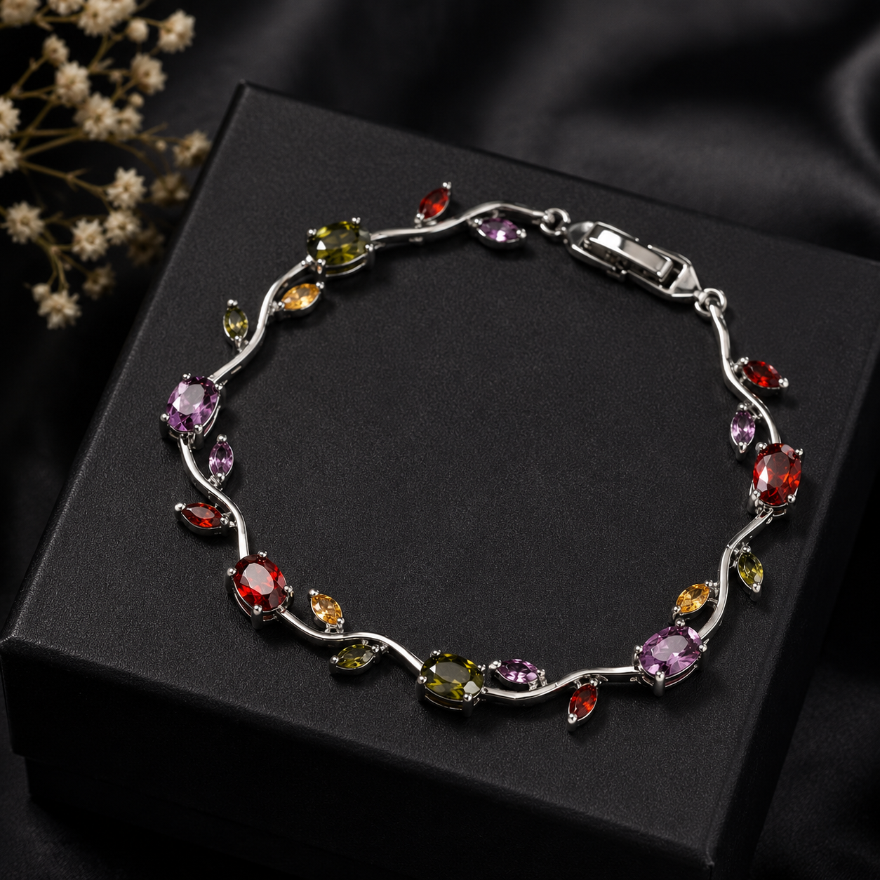 Silver Plated Multicolor Stones Studded Anti Tarnish Tulip Bracelet