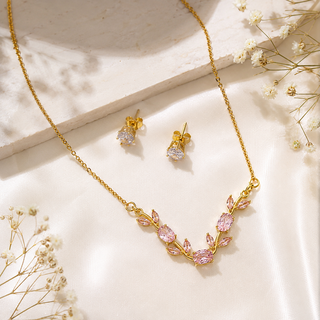 Gold Plated Pink Tulip Floral Vine Necklace & Earring Set for Women & Girls – Pastel Floral Jewellery Set, Elegant Daily Wear & Gift