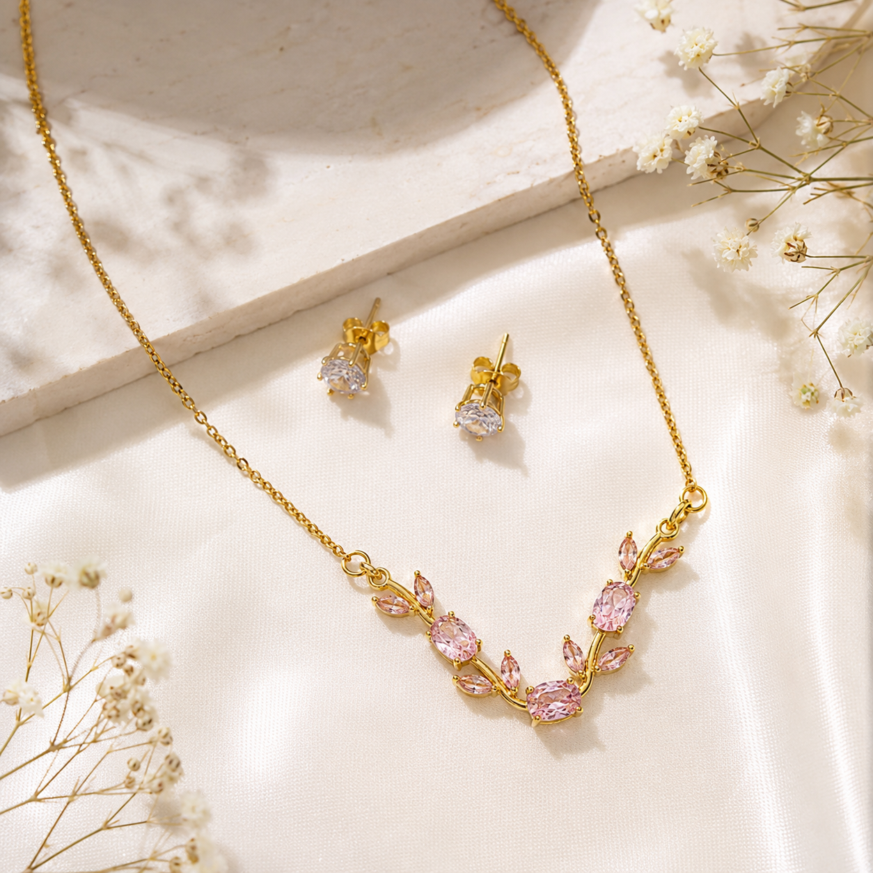 Gold Plated Pink Tulip Floral Vine Necklace & Earring Set for Women & Girls – Pastel Floral Jewellery Set, Elegant Daily Wear & Gift