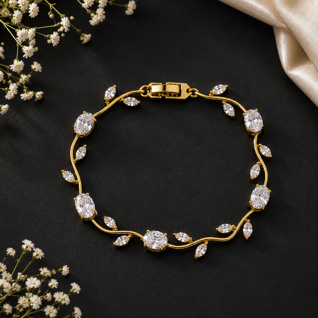 Gold Plated White Stones Studded Anti Tarnish Tulip Bracelet