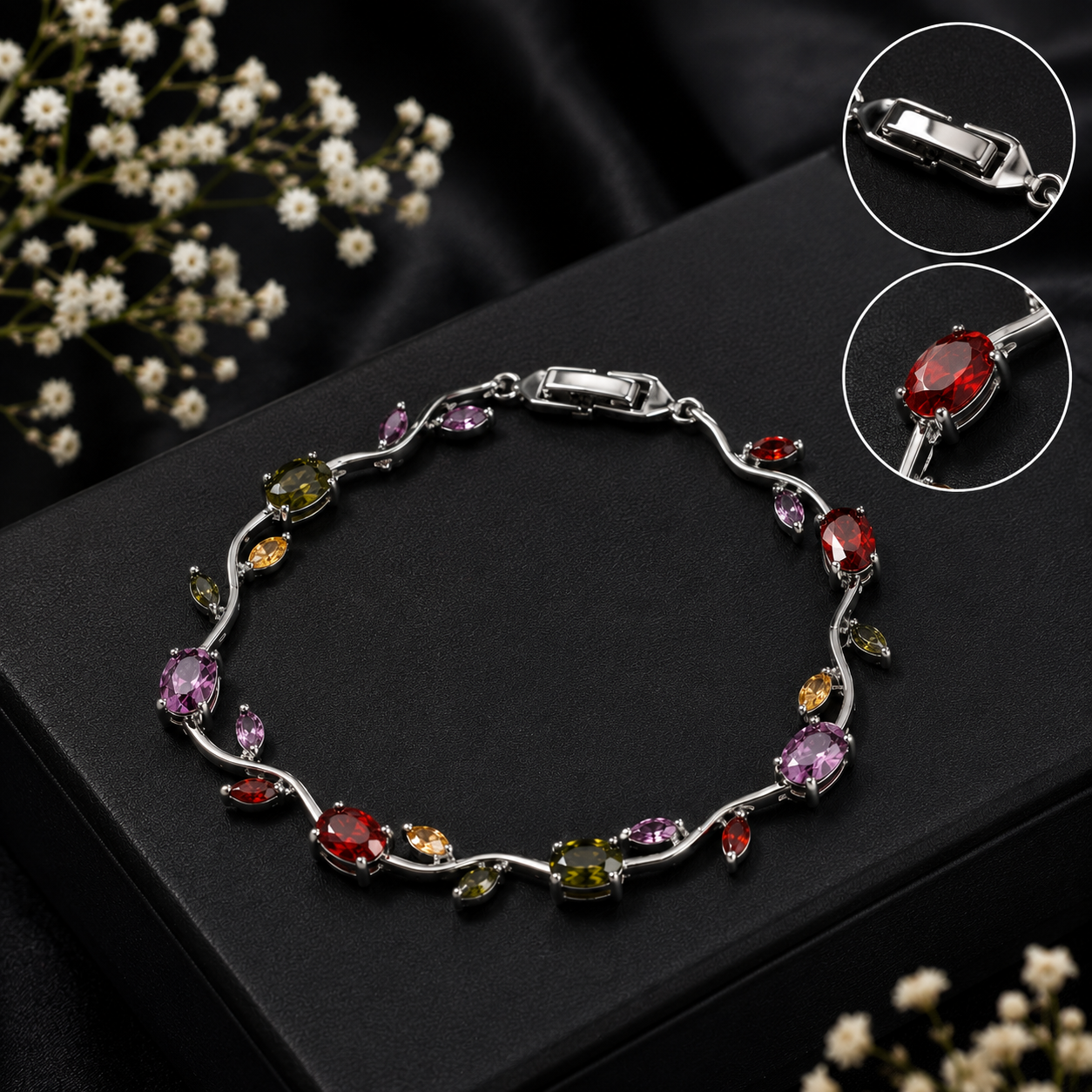 Silver Plated Multicolor Stones Studded Anti Tarnish Tulip Bracelet