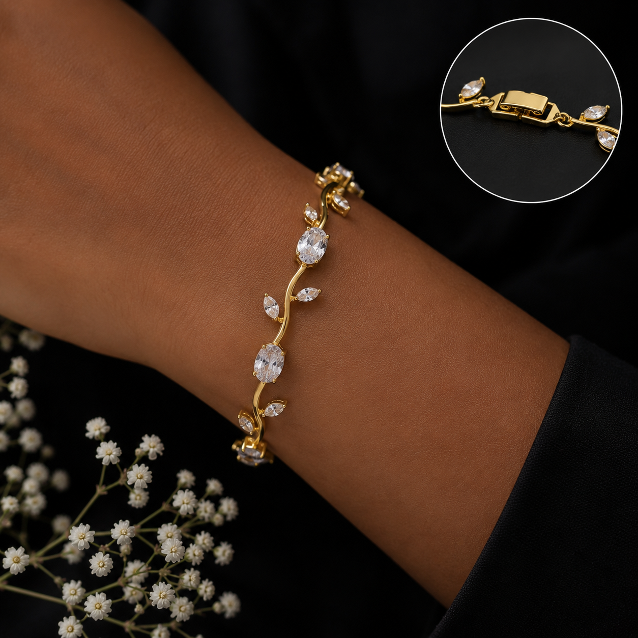 Gold Plated White Stones Studded Anti Tarnish Tulip Bracelet