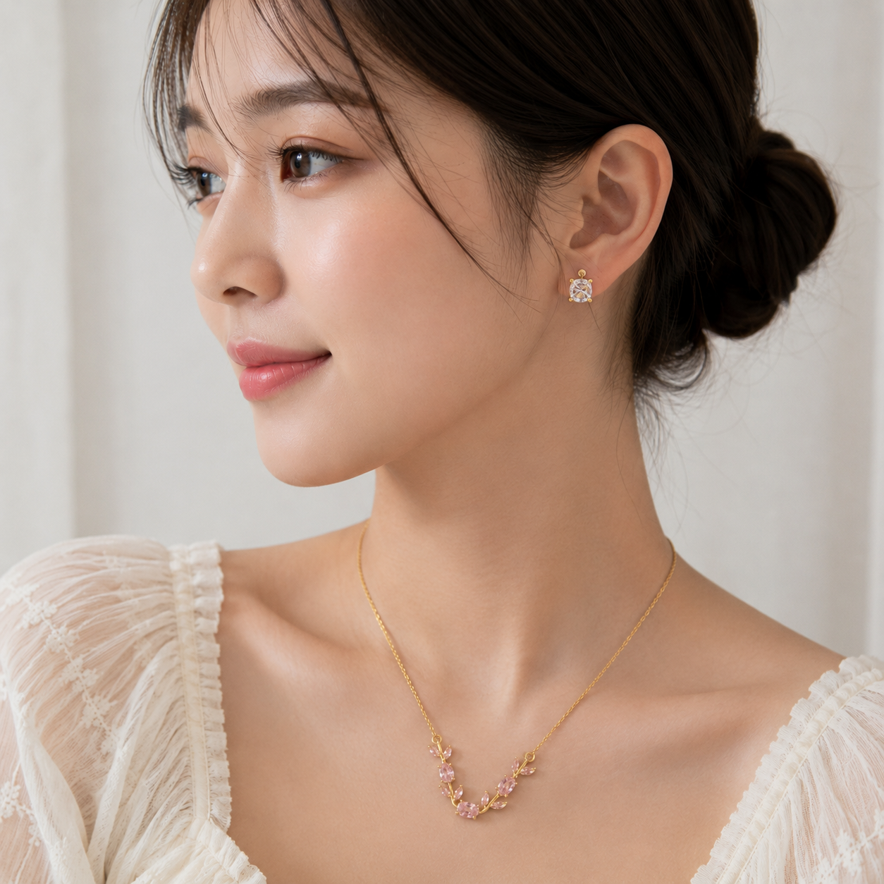 Gold Plated Pink Tulip Floral Vine Necklace & Earring Set for Women & Girls – Pastel Floral Jewellery Set, Elegant Daily Wear & Gift