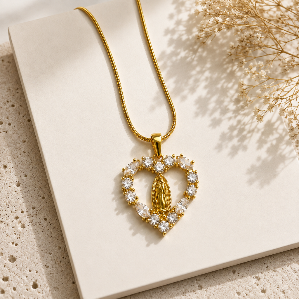 Gold Plated Virgin Mary Heart Pendant Necklace for Women | Crystal Studded Religious Necklace | Elegant Spiritual Jewellery for Women & Girls | Gift for Her
