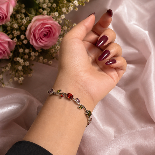 Silver Plated Multicolor Stones Studded Anti Tarnish Tulip Bracelet