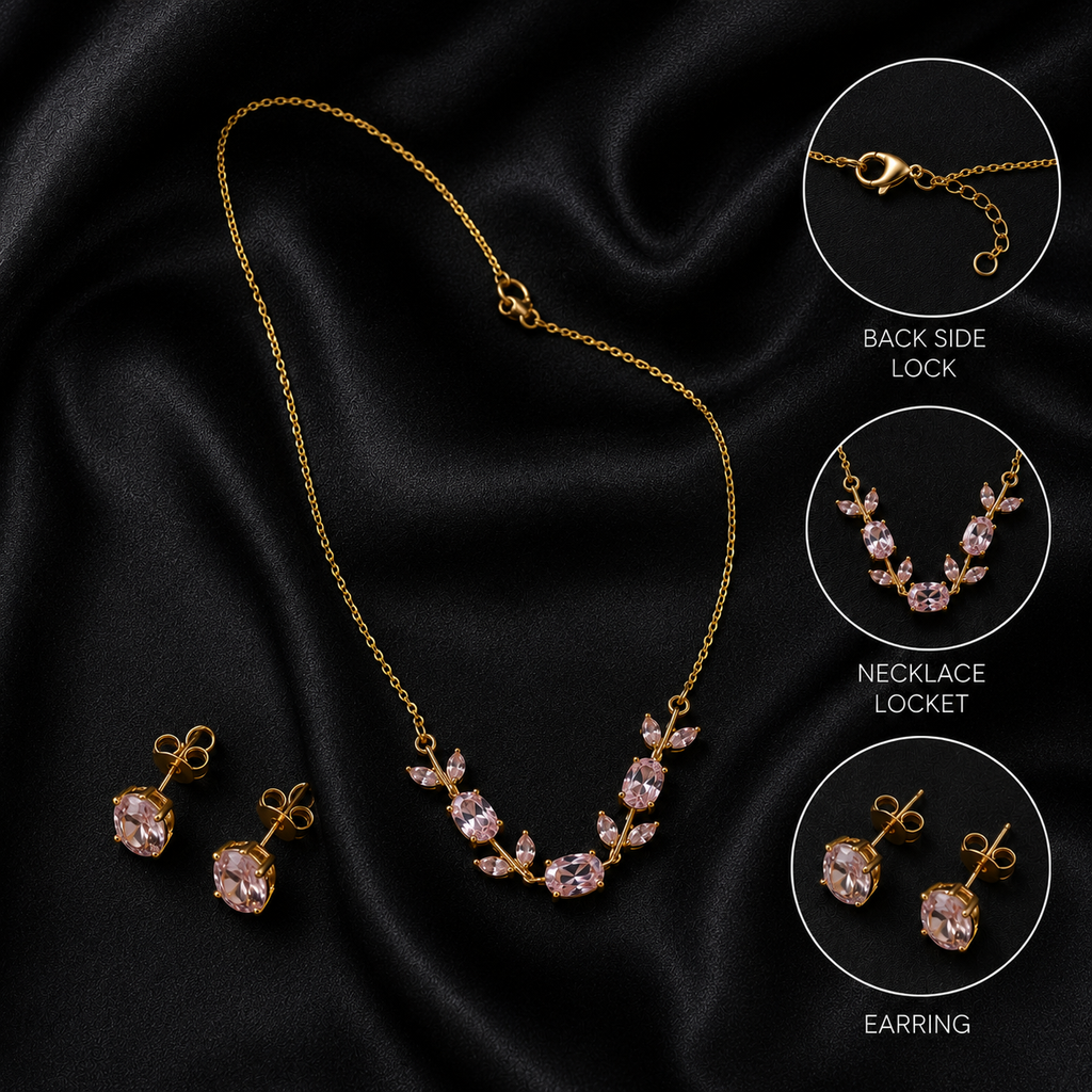 Gold Plated Pink Tulip Floral Vine Necklace & Earring Set for Women & Girls – Pastel Floral Jewellery Set, Elegant Daily Wear & Gift