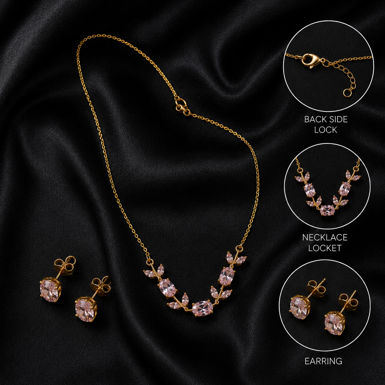 Gold Plated Pink Tulip Floral Vine Necklace & Earring Set for Women & Girls – Pastel Floral Jewellery Set, Elegant Daily Wear & Gift