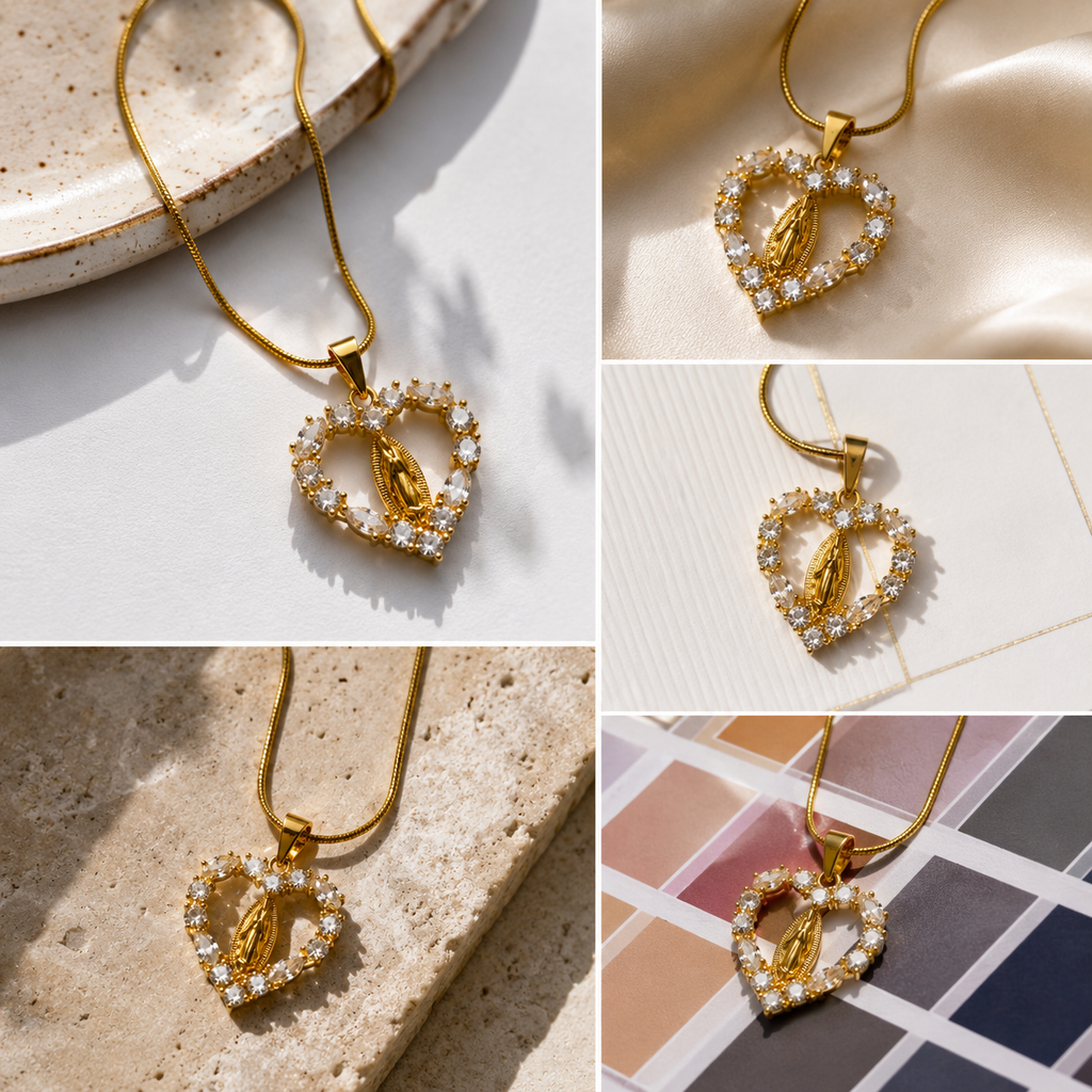 Gold Plated Virgin Mary Heart Pendant Necklace for Women | Crystal Studded Religious Necklace | Elegant Spiritual Jewellery for Women & Girls | Gift for Her