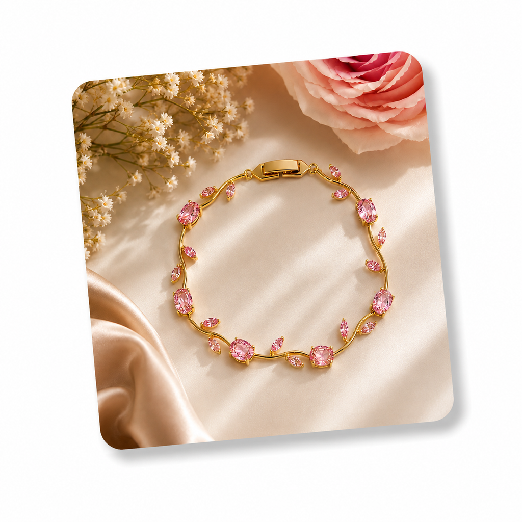 Palermo Jewels Gold Plated Pink Stones Studded Anti Tarnish Tulip Bracelet
