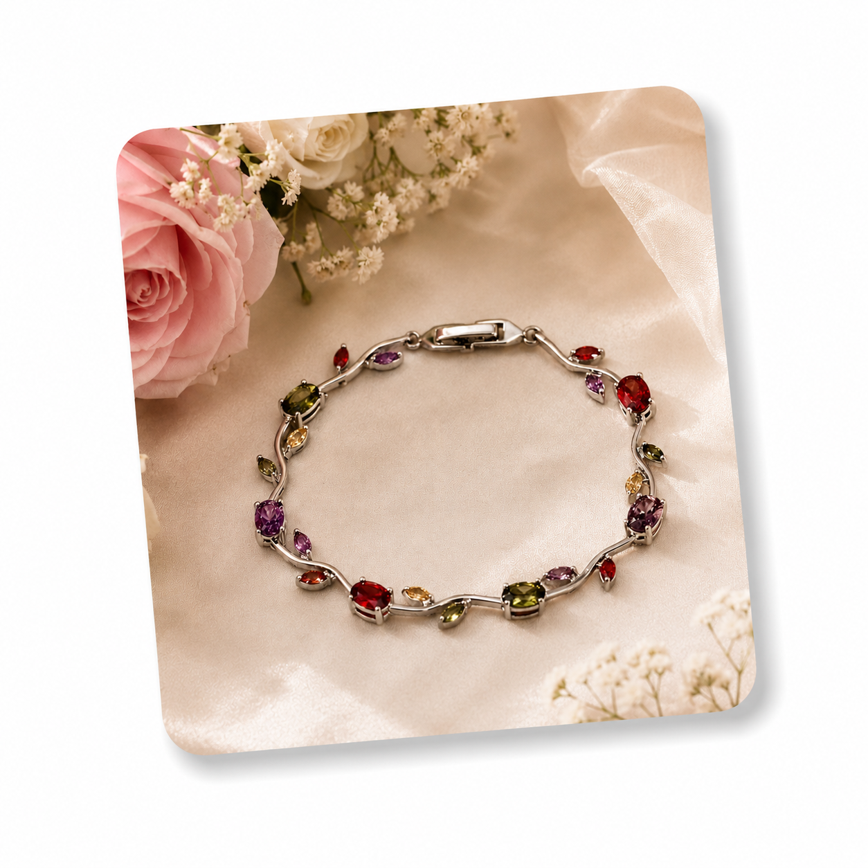 Palermo Jewels Silver Plated Multicolor Stones Studded Anti Tarnish Tulip Bracelet