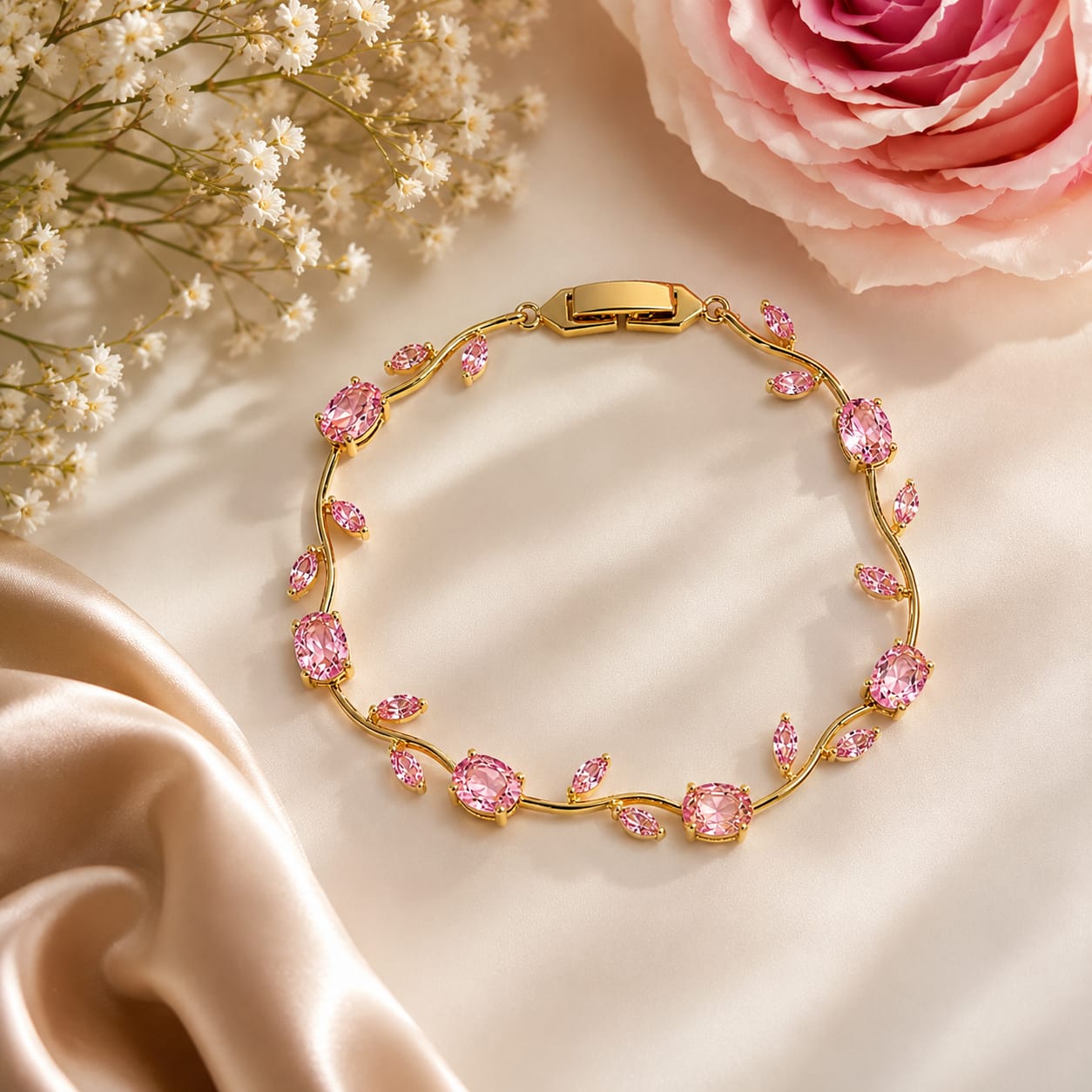 Gold Plated Pink Stones Studded Anti Tarnish Tulip Bracelet